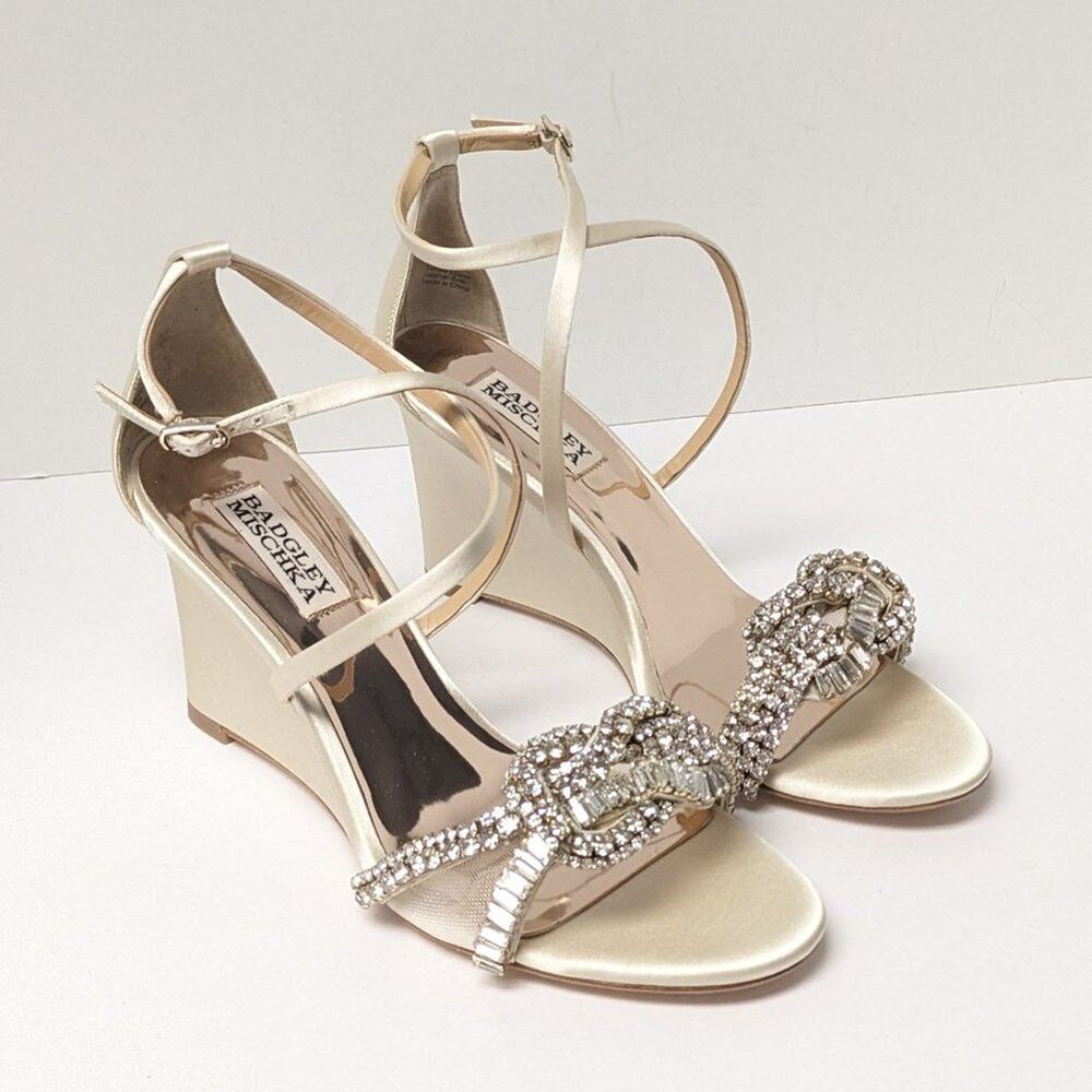 Badgley Mischka Zabrina Wedge Sandals, Ivory Satin, Women's 7 M